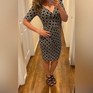 Lauren Ralph Lauren Navy Blue White Yellow Geometric Chain Work Dress 2 XS